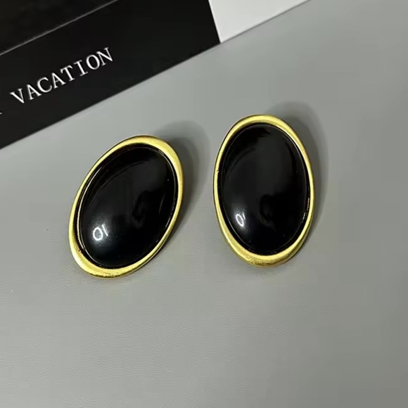 Vintage Oversized Black Brass Oval Statement Earrings - Picture 3 of 14
